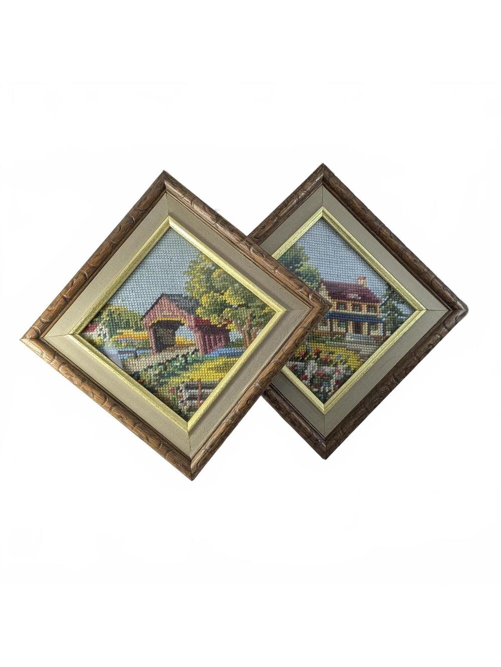 Country Cottage Scenery Framed Needlepoint - Set of 2